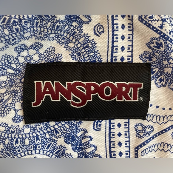 Vintage JANSPORT white blue swedish lace print canvas suede bottom EUC - Picture 2 of 15